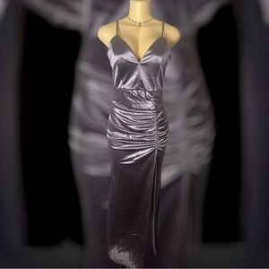 Elegant Satin Ruched Evening Gown with Side Slit